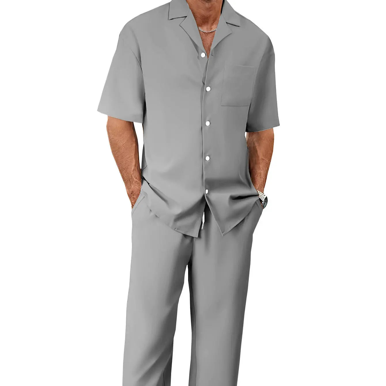 Men’s Fashion Suit Set – Button Lapel Shirt & Pocket Straight Trousers - All You Need