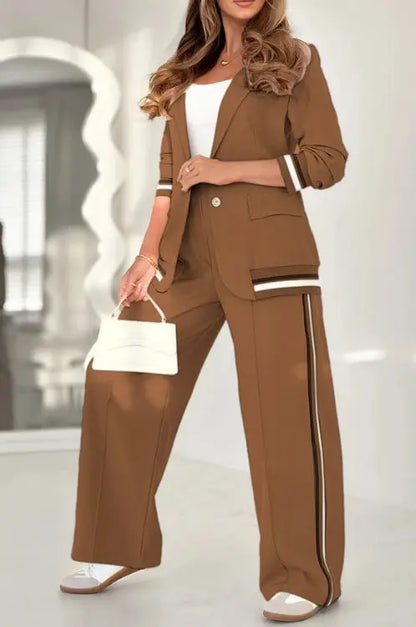 Elegant Women’s Suit Set – Long Sleeve Lapel Jacket with Wide-Leg Pants - All You Need