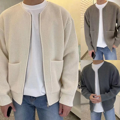 Men’s Cozy Knitted Sweater – Long Sleeve Zip-Up Cardigan with Pockets