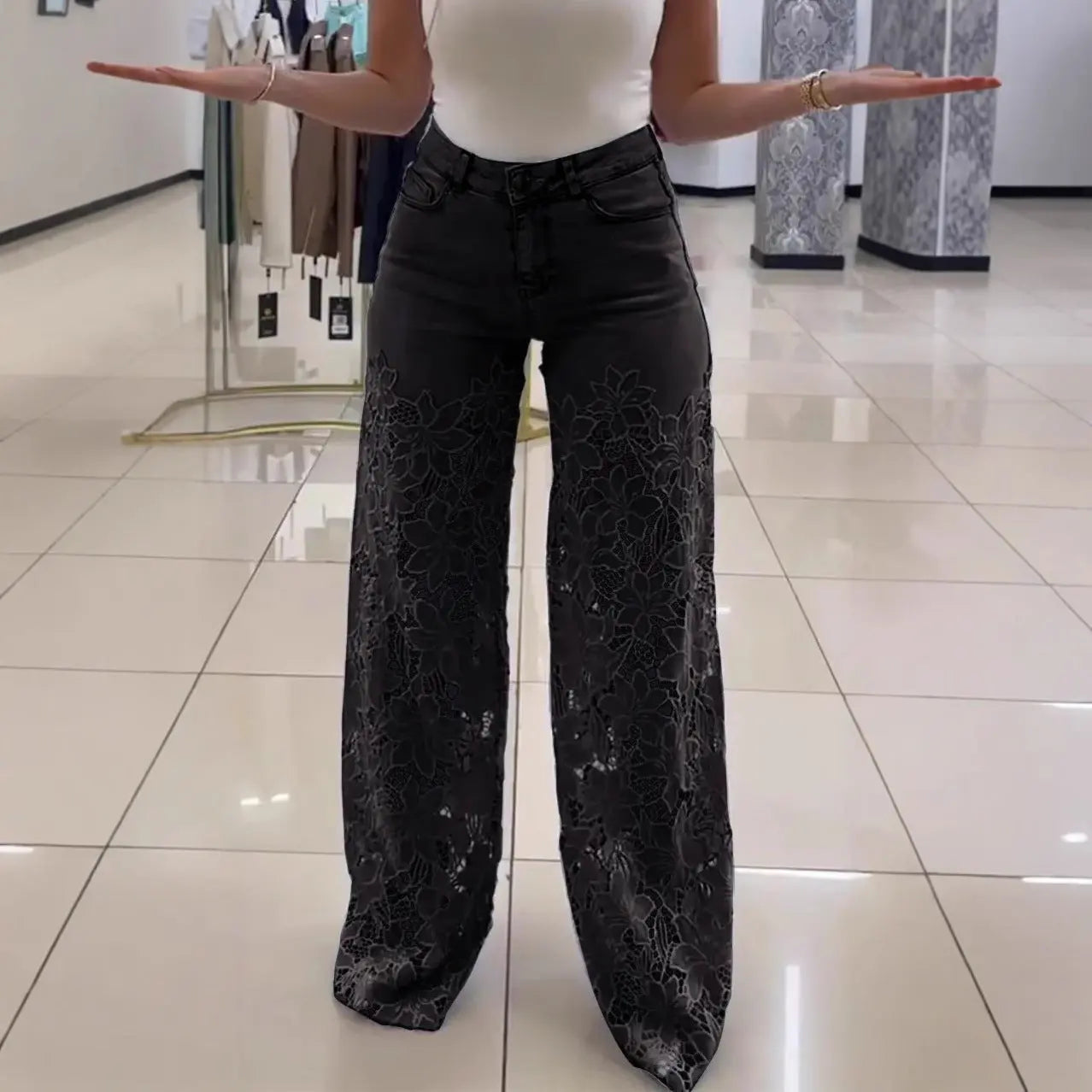 Women’s Vintage Y2K Jeans – Solid Color Hollow Lace Wide-Leg Trousers - All You Need
