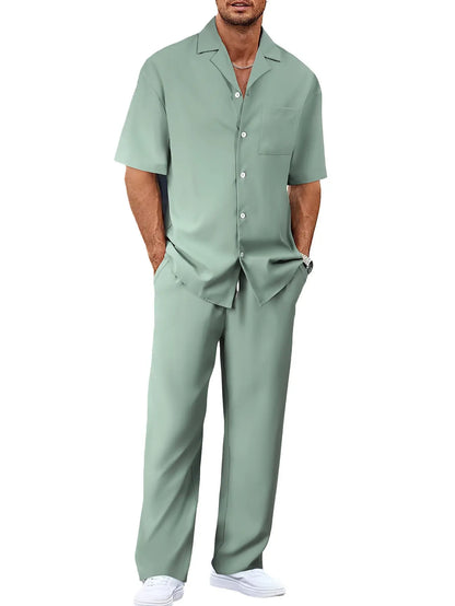 Men’s Fashion Suit Set – Button Lapel Shirt & Pocket Straight Trousers - All You Need