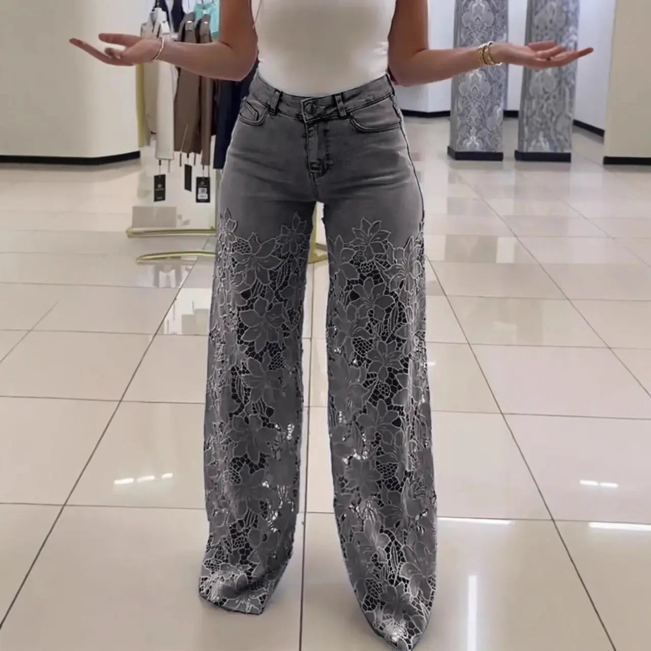 Women’s Vintage Y2K Jeans – Solid Color Hollow Lace Wide-Leg Trousers - All You Need