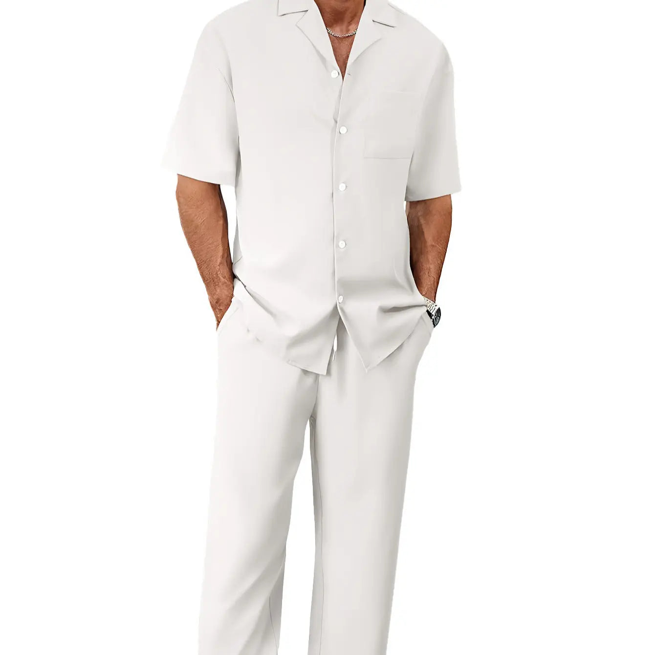 Men’s Fashion Suit Set – Button Lapel Shirt & Pocket Straight Trousers - All You Need