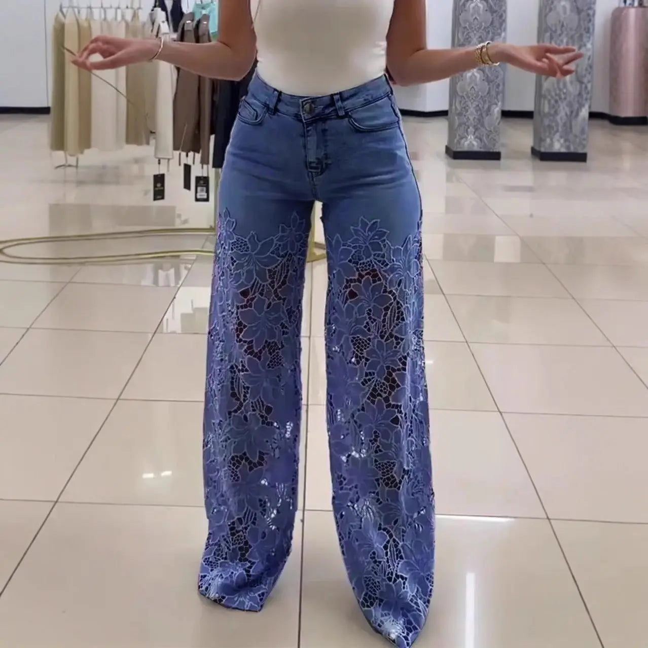 Women’s Vintage Y2K Jeans – Solid Color Hollow Lace Wide-Leg Trousers - All You Need