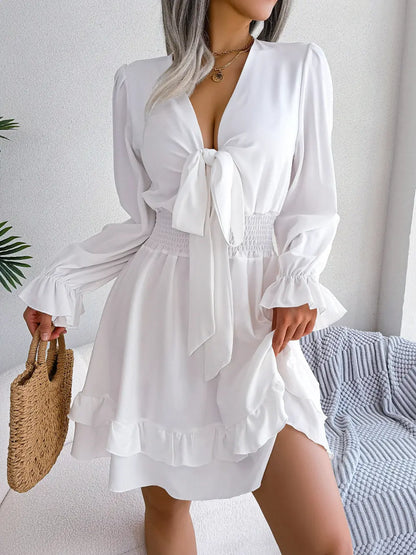 Women’s Beach Dress – Summer Long Sleeve V-Neck Solid Color A-Line - All You Need