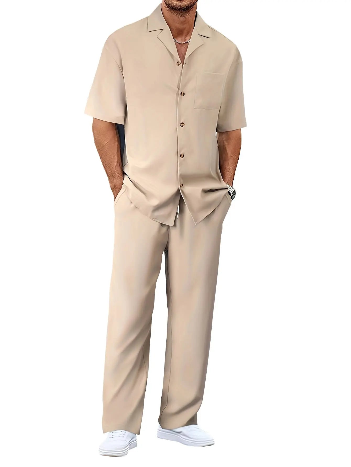 Men’s Fashion Suit Set – Button Lapel Shirt & Pocket Straight Trousers - All You Need