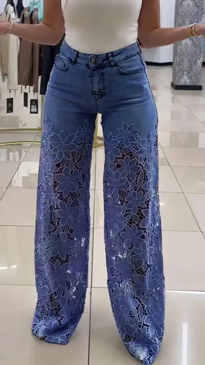 Women’s Vintage Y2K Jeans – Solid Color Hollow Lace Wide-Leg Trousers - All You Need