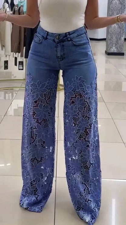 Women’s Vintage Y2K Jeans – Solid Color Hollow Lace Wide-Leg Trousers - All You Need