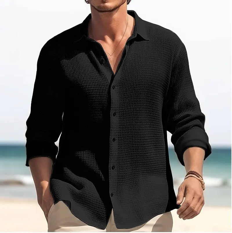 Men’s Lapel Long Sleeve Shirt – Solid Color Single-Breasted Top for Fall & Spring - All You Need