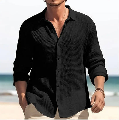 Men’s Lapel Long Sleeve Shirt – Solid Color Single-Breasted Top for Fall & Spring - All You Need