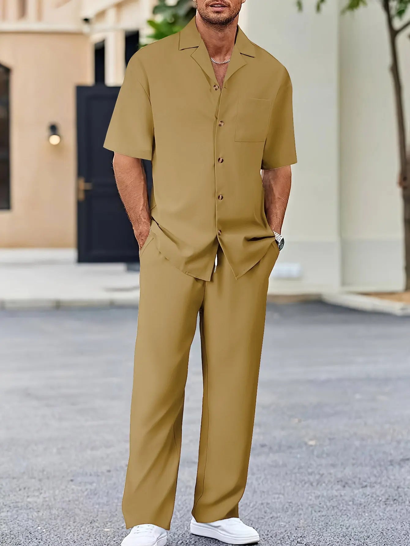 Men’s Fashion Suit Set – Button Lapel Shirt & Pocket Straight Trousers - All You Need
