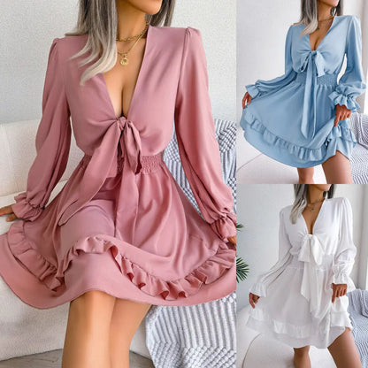 Women’s Beach Dress – Summer Long Sleeve V-Neck Solid Color A-Line - All You Need