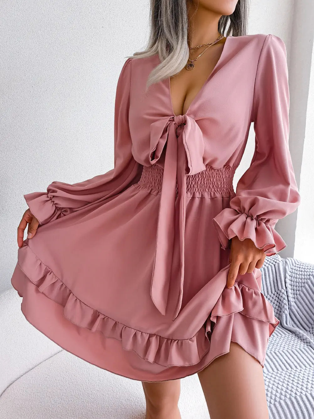 Women’s Beach Dress – Summer Long Sleeve V-Neck Solid Color A-Line - All You Need