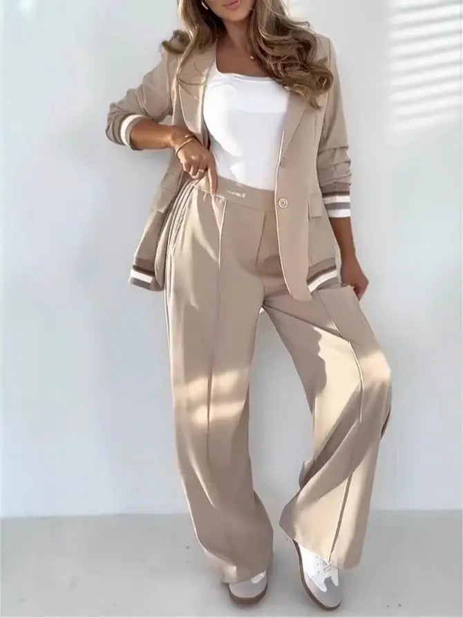 Elegant Women’s Suit Set – Long Sleeve Lapel Jacket with Wide-Leg Pants - All You Need