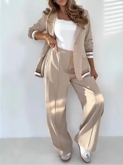 Elegant Women’s Suit Set – Long Sleeve Lapel Jacket with Wide-Leg Pants - All You Need