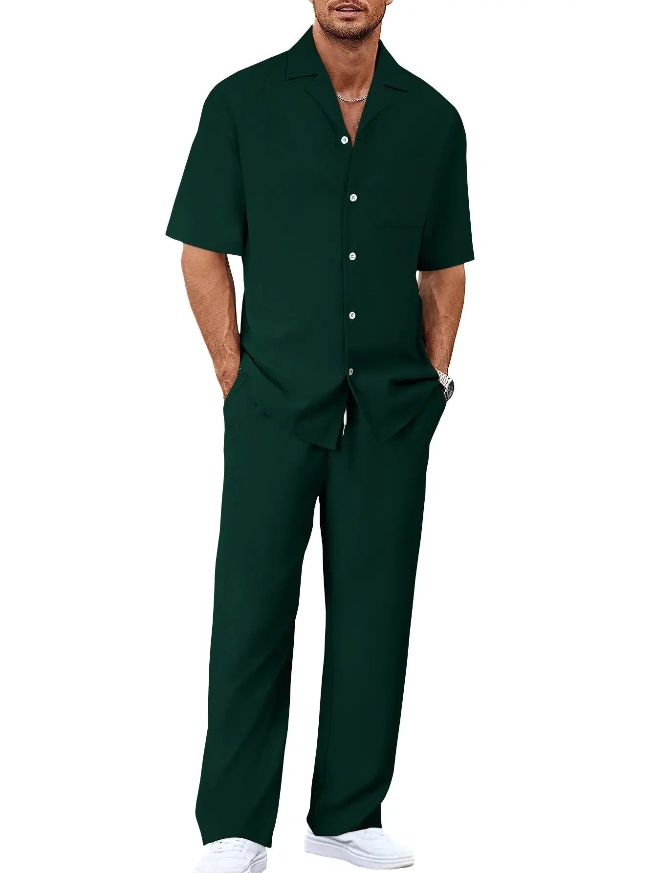 Men’s Fashion Suit Set – Button Lapel Shirt & Pocket Straight Trousers - All You Need