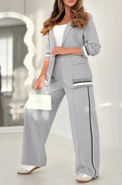 Elegant Women’s Suit Set – Long Sleeve Lapel Jacket with Wide-Leg Pants - All You Need