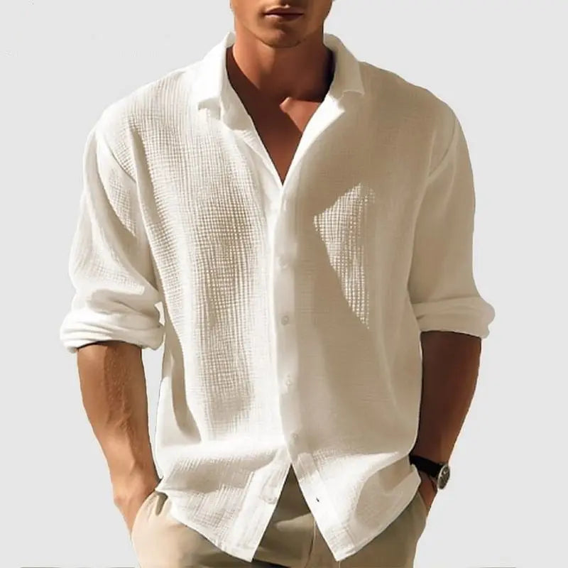 Men’s Lapel Long Sleeve Shirt – Solid Color Single-Breasted Top for Fall & Spring - All You Need