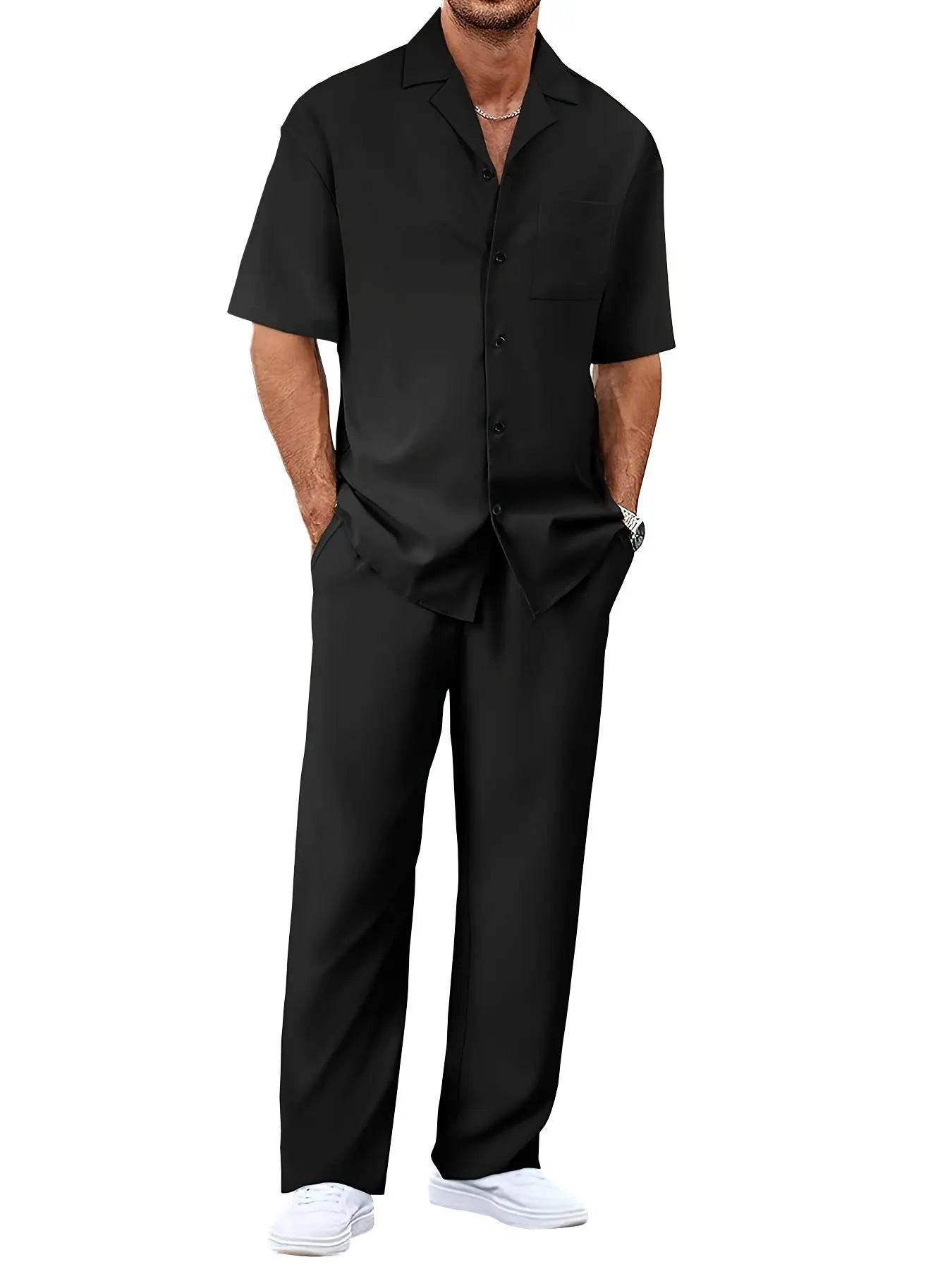 Men’s Fashion Suit Set – Button Lapel Shirt & Pocket Straight Trousers - All You Need