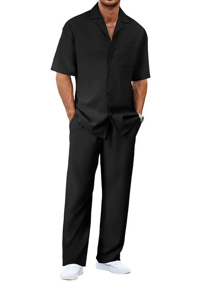 Men’s Fashion Suit Set – Button Lapel Shirt & Pocket Straight Trousers - All You Need
