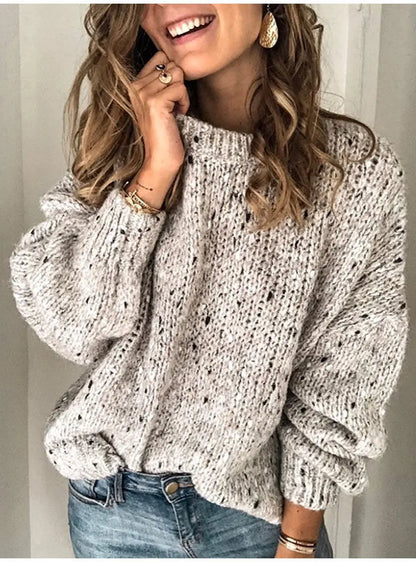 Women’s Winter Polka Dot Knit Sweater – Loose Long Sleeve Pullover Top - All You Need