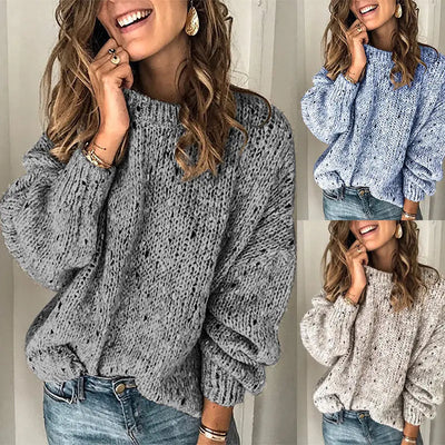 Women’s Winter Polka Dot Knit Sweater – Loose Long Sleeve Pullover Top