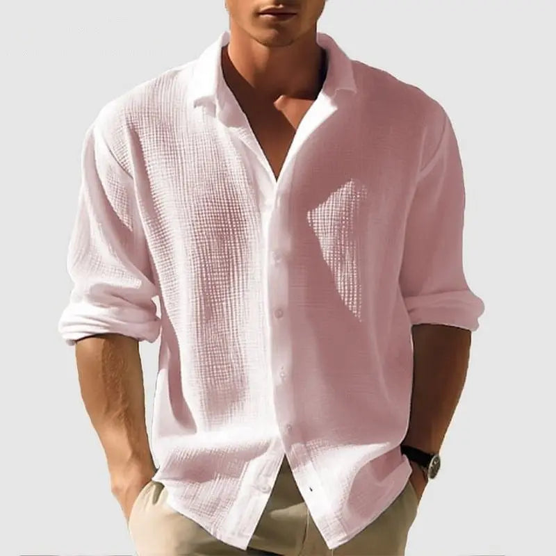 Men’s Lapel Long Sleeve Shirt – Solid Color Single-Breasted Top for Fall & Spring - All You Need