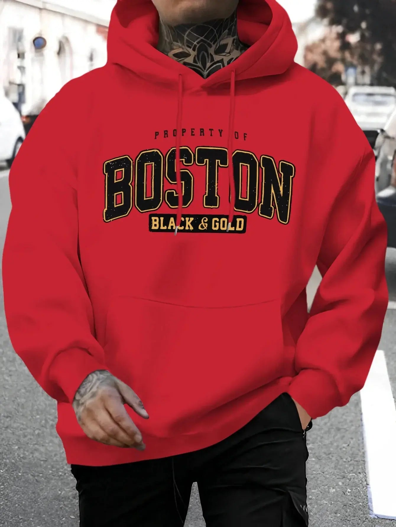 "Felpa blu con cappuccio e scritta Boston Black & Gold" 🏙️ All You Need