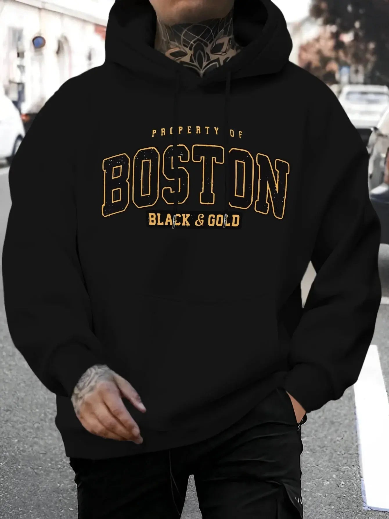 "Felpa blu con cappuccio e scritta Boston Black & Gold" 🏙️ All You Need