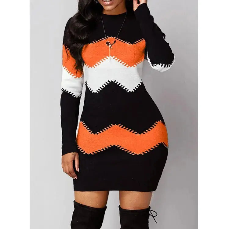 "Abito in maglia a maniche lunghe con motivo a zig-zag bianco, grigio e nero" 👗 All You Need