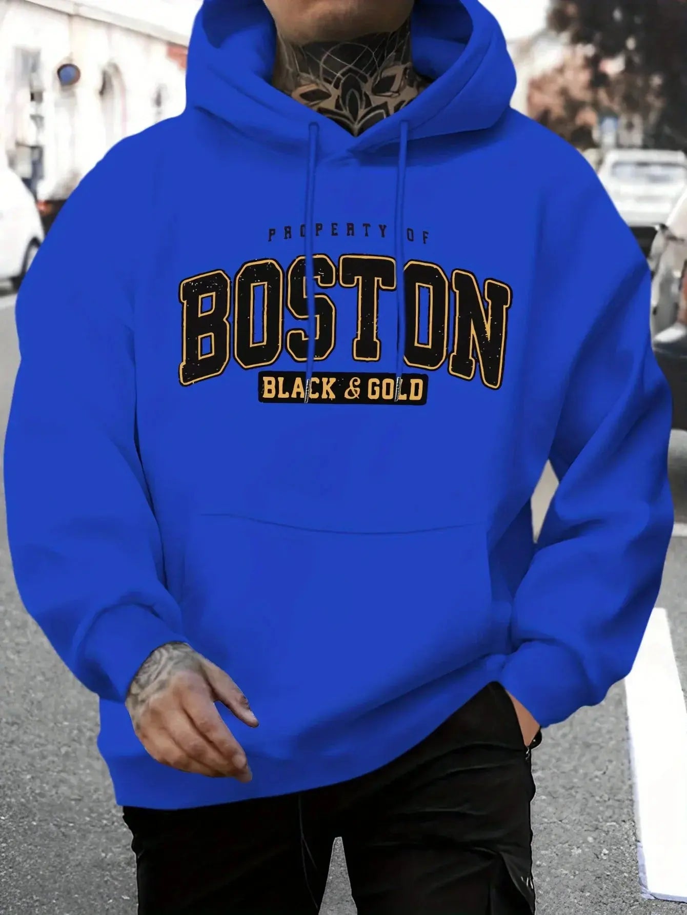"Felpa blu con cappuccio e scritta Boston Black & Gold" 🏙️ All You Need