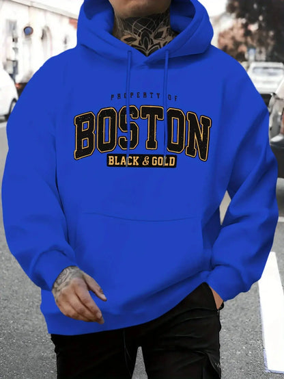 "Felpa blu con cappuccio e scritta Boston Black & Gold" 🏙️ All You Need