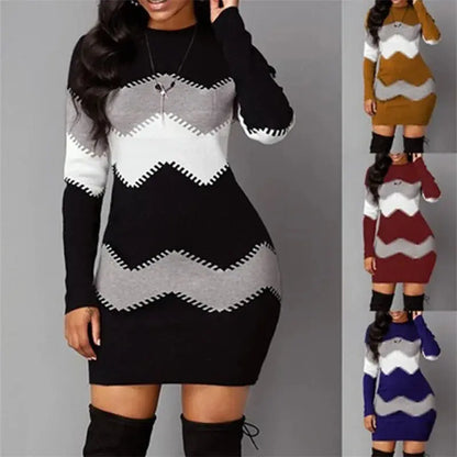 "Abito in maglia a maniche lunghe con motivo a zig-zag bianco, grigio e nero" 👗 All You Need