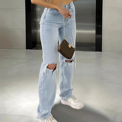 "Jeans a vita alta strappati al ginocchio in denim chiaro" 👖 All You Need