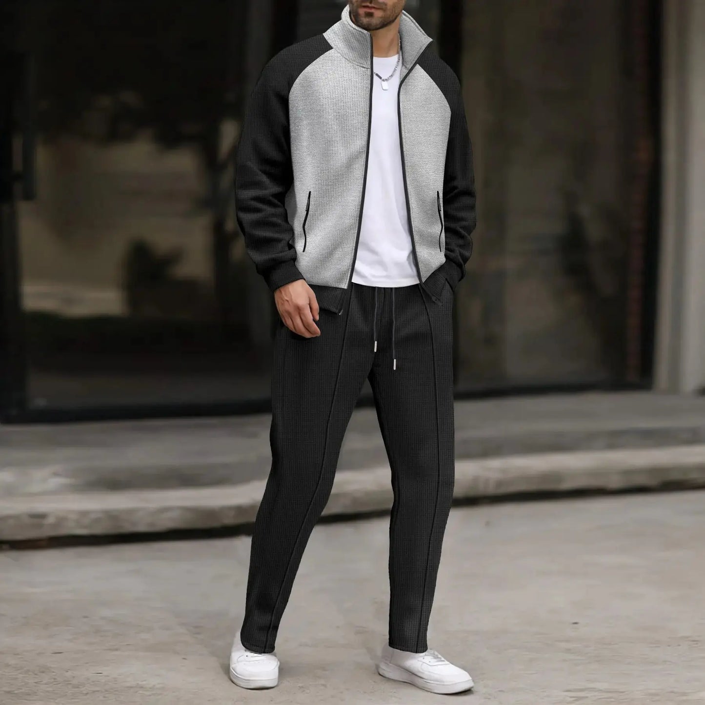 “Completo Uomo Casual Primavera/Autunno – Giacca con Zip e Colletto a Rever + Pantaloni 9/10 Elastico in Vita” All You Need