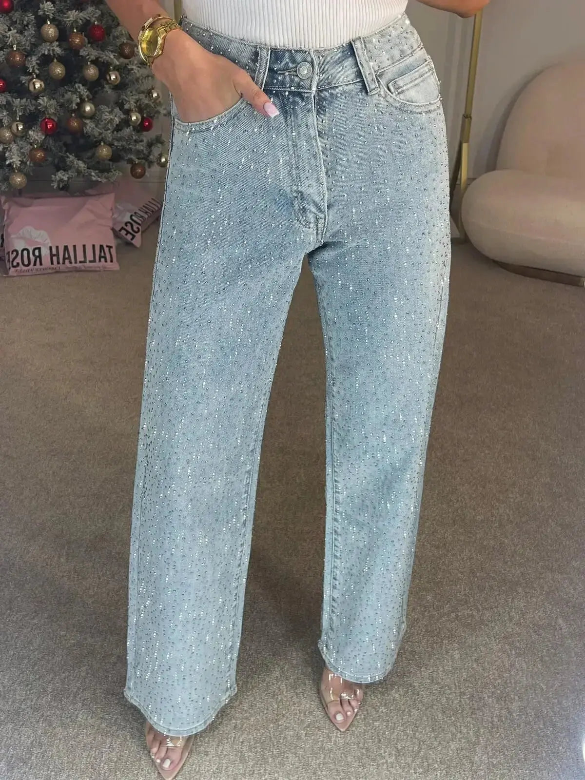 👖 Jeans Donna a Vita Alta con Strass – Mom Fit Vintage Y2K All You Need