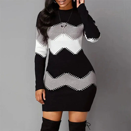 "Abito in maglia a maniche lunghe con motivo a zig-zag bianco, grigio e nero" 👗 All You Need