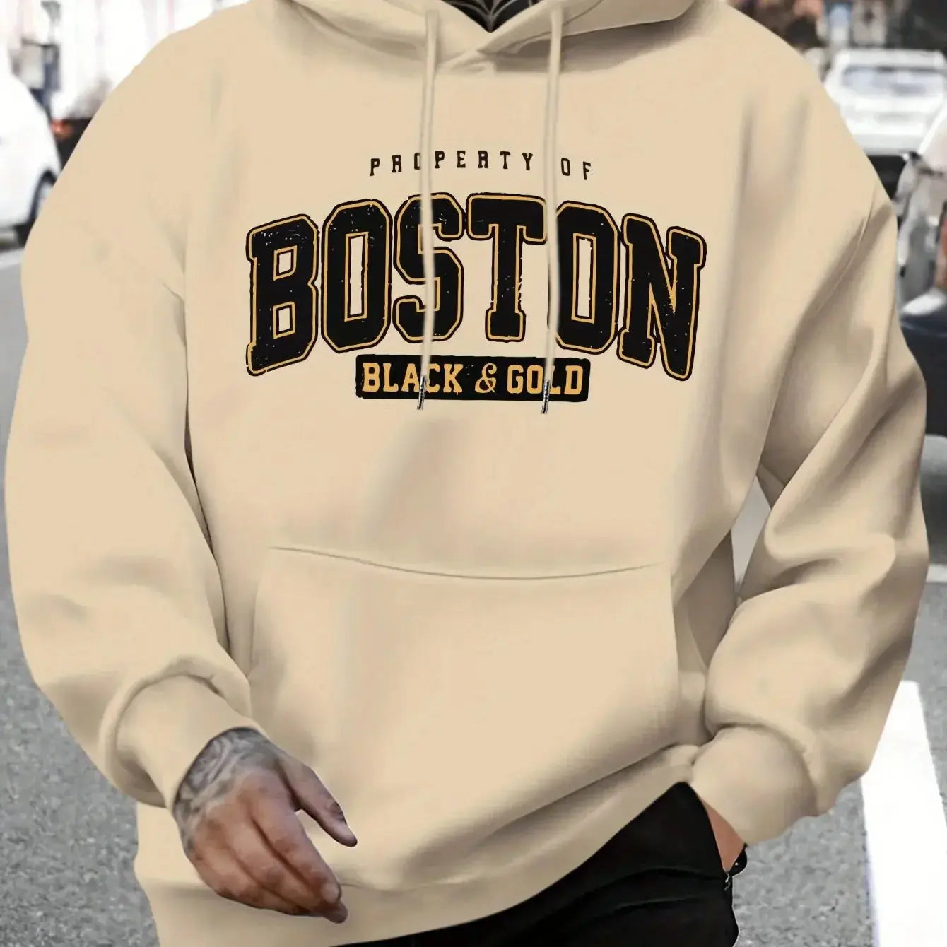 "Felpa blu con cappuccio e scritta Boston Black & Gold" 🏙️ All You Need