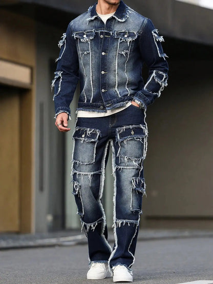 "Completo uomo in denim patchwork con giacca e jeans strappati" All You Need