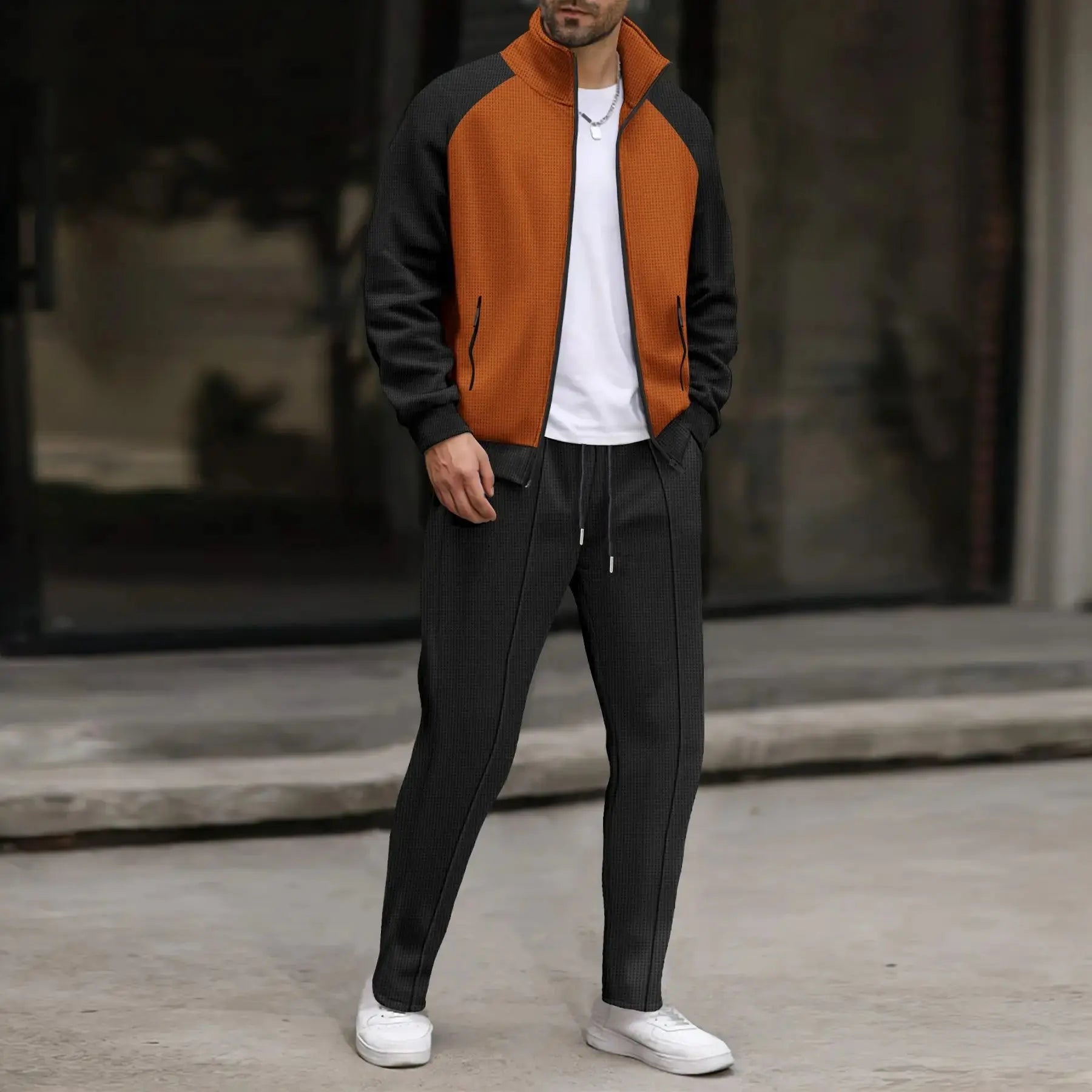 “Completo Uomo Casual Primavera/Autunno – Giacca con Zip e Colletto a Rever + Pantaloni 9/10 Elastico in Vita” All You Need