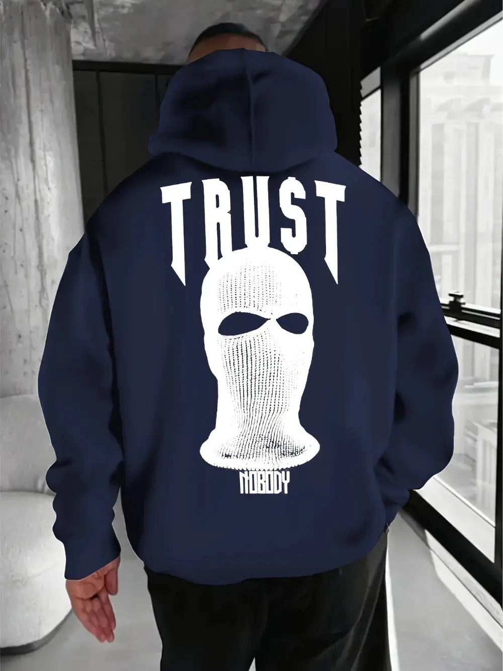 "Felpa blu con cappuccio e stampa TRUST sul retro" 🖤 All You Need