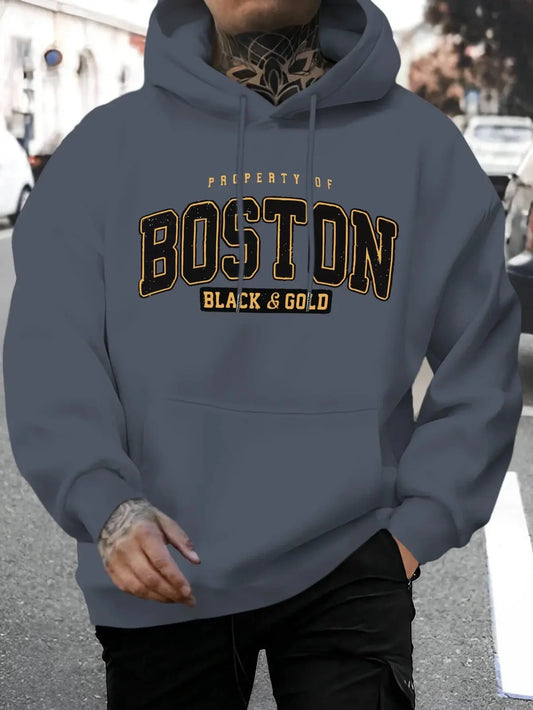 "Felpa blu con cappuccio e scritta Boston Black & Gold" 🏙️ All You Need