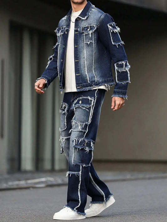 "Completo uomo in denim patchwork con giacca e jeans strappati" All You Need