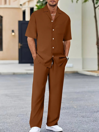 Men’s Fashion Suit Set – Button Lapel Shirt & Pocket Straight Trousers - All You Need