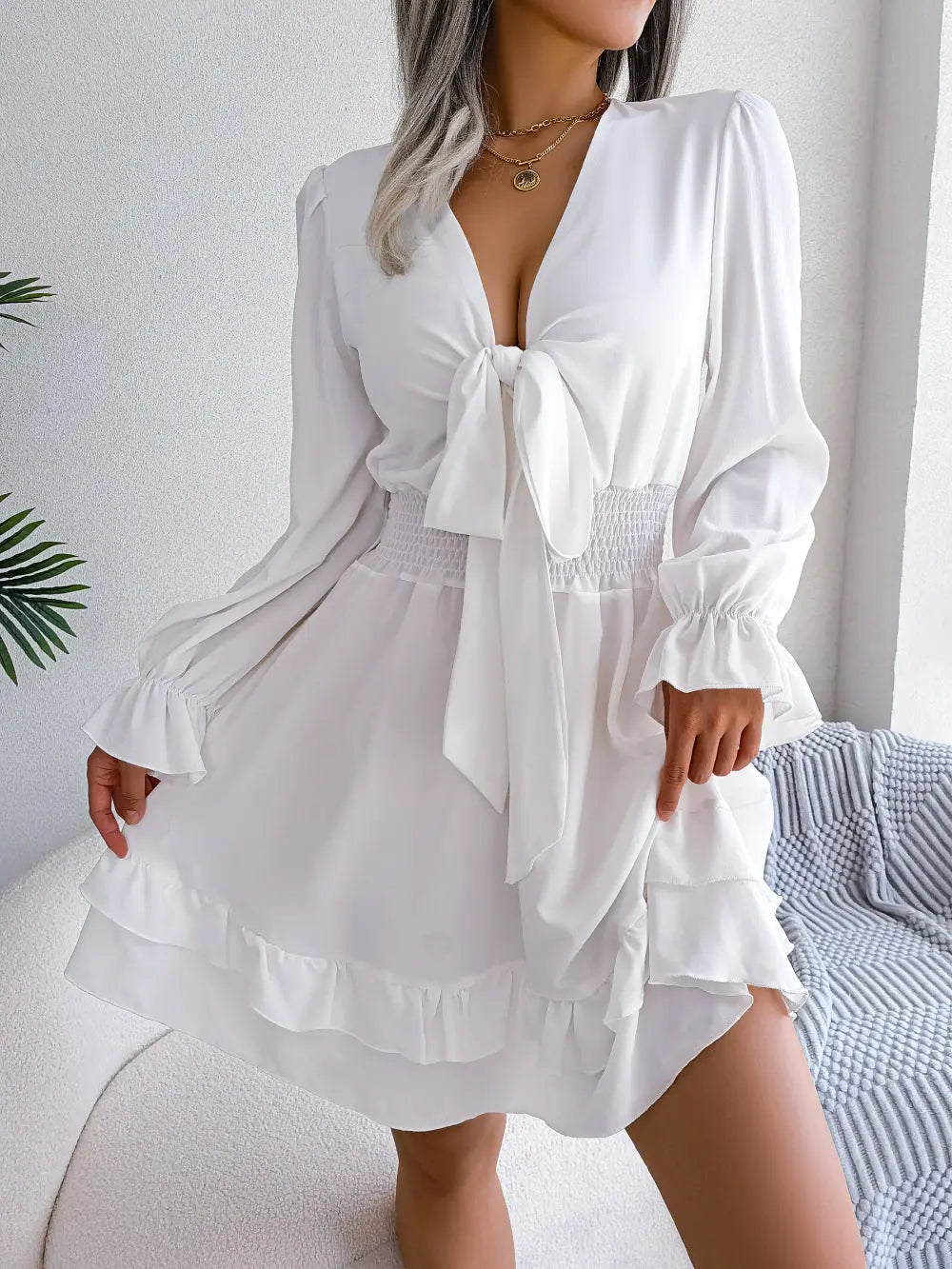 Women’s Beach Dress – Summer Long Sleeve V-Neck Solid Color A-Line - All You Need