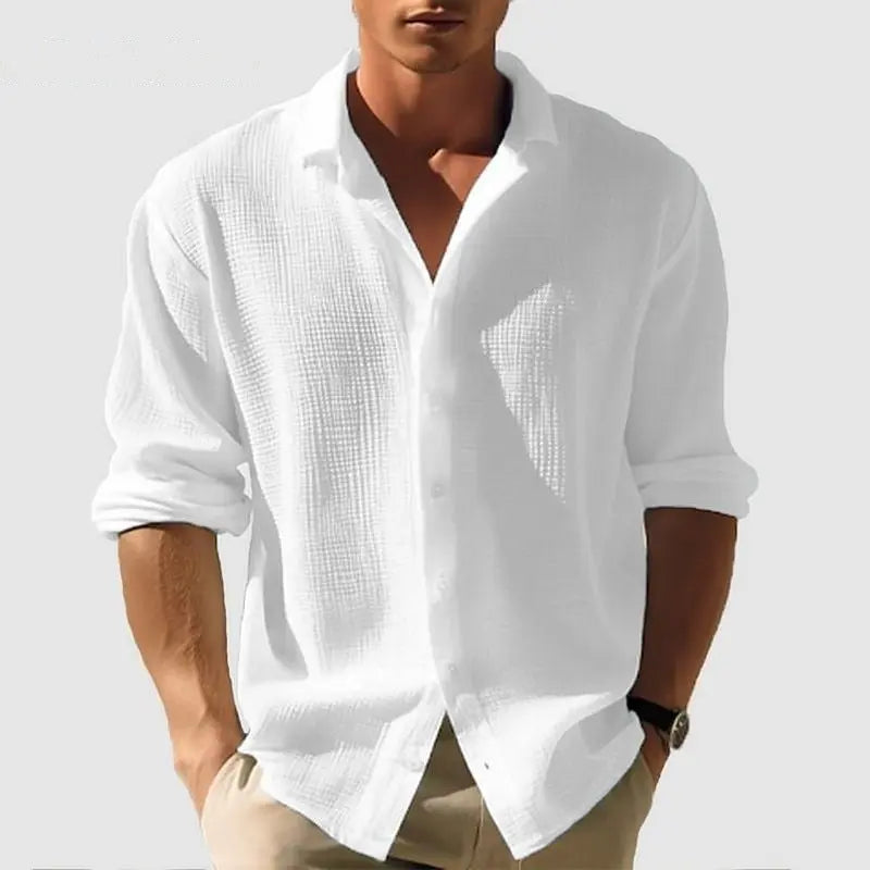 Men’s Lapel Long Sleeve Shirt – Solid Color Single-Breasted Top for Fall & Spring - All You Need