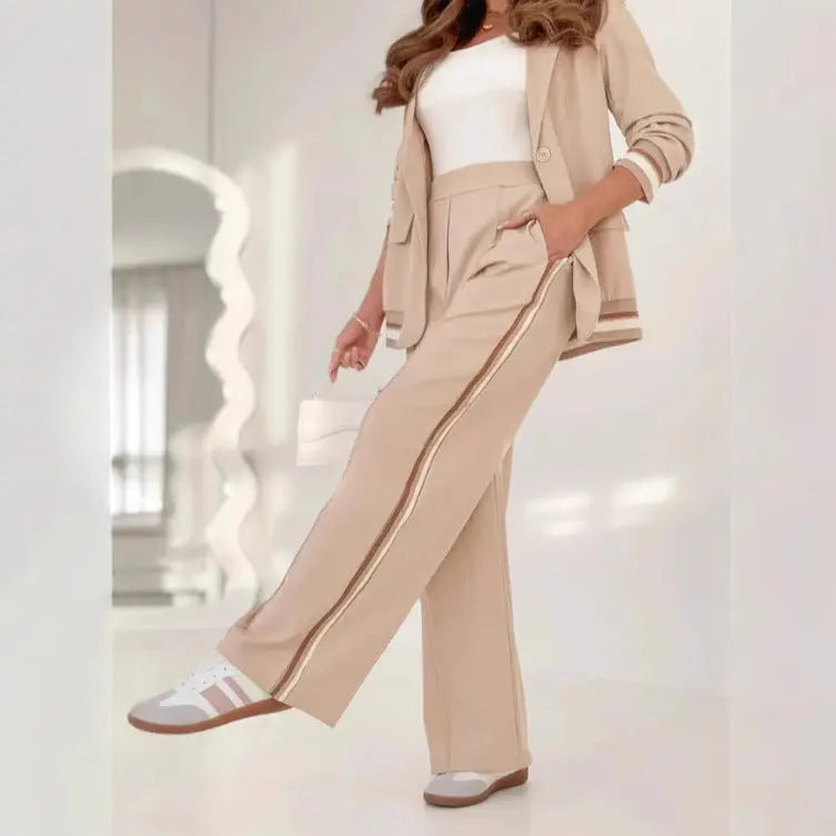 Elegant Women’s Suit Set – Long Sleeve Lapel Jacket with Wide-Leg Pants - All You Need