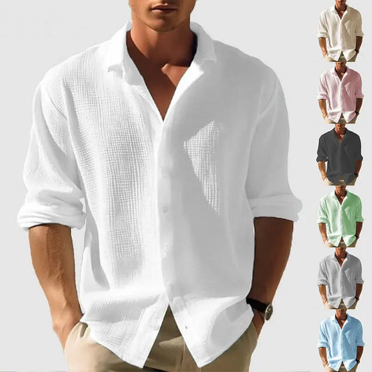 Men’s Lapel Long Sleeve Shirt – Solid Color Single-Breasted Top for Fall & Spring - All You Need