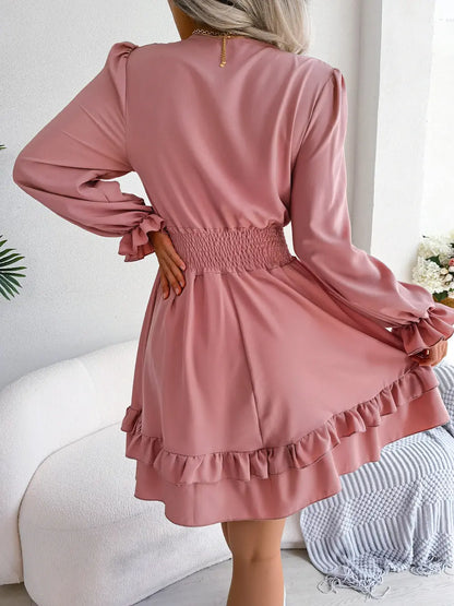 Women’s Beach Dress – Summer Long Sleeve V-Neck Solid Color A-Line - All You Need