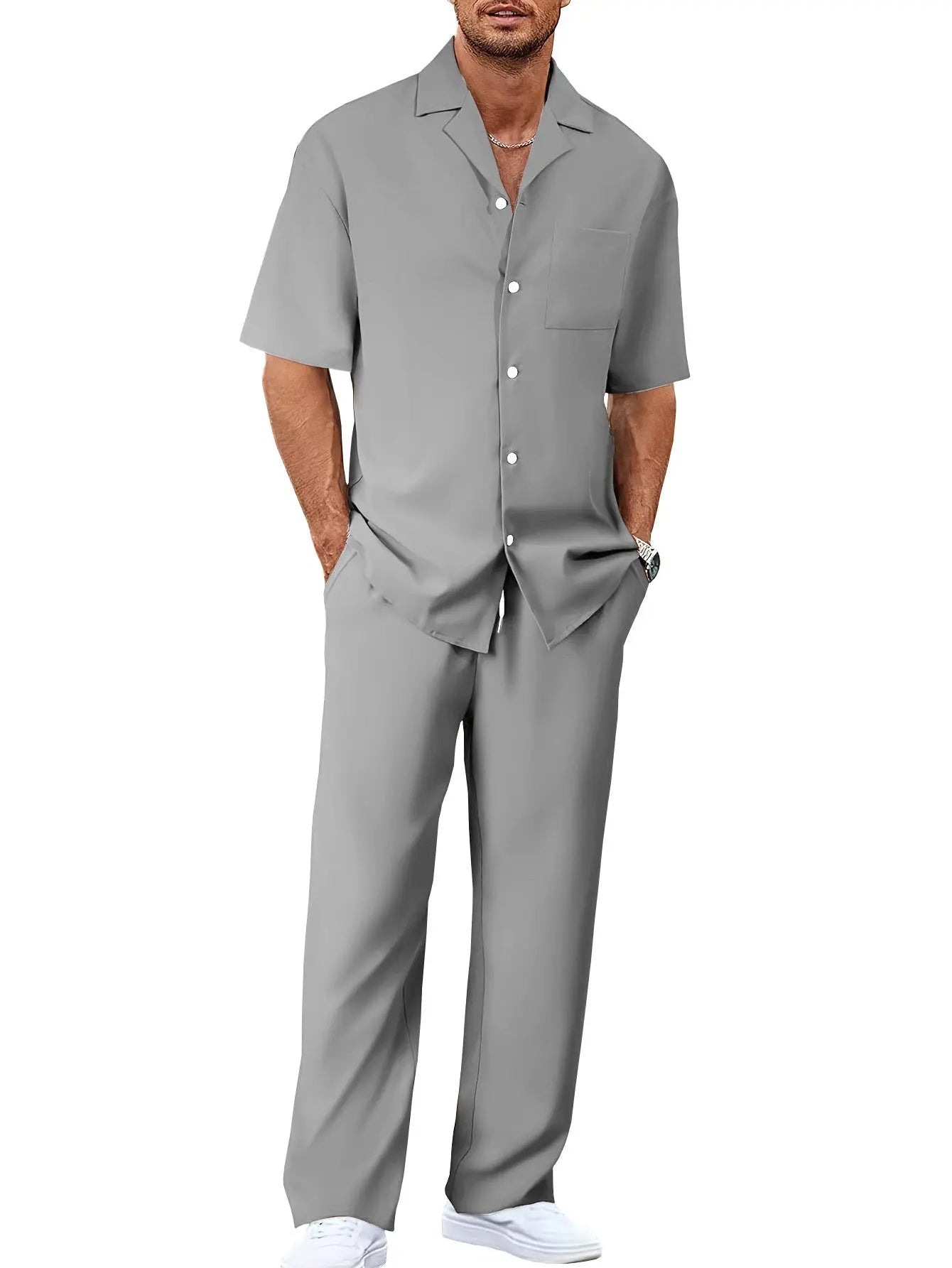 Men’s Fashion Suit Set – Button Lapel Shirt & Pocket Straight Trousers - All You Need